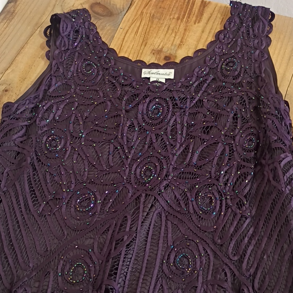 SOULMATES Vintage 2 PC Purple 100% Silk Soutache Beaded Formal Gown w Jacket 2x - Picture 13 of 16